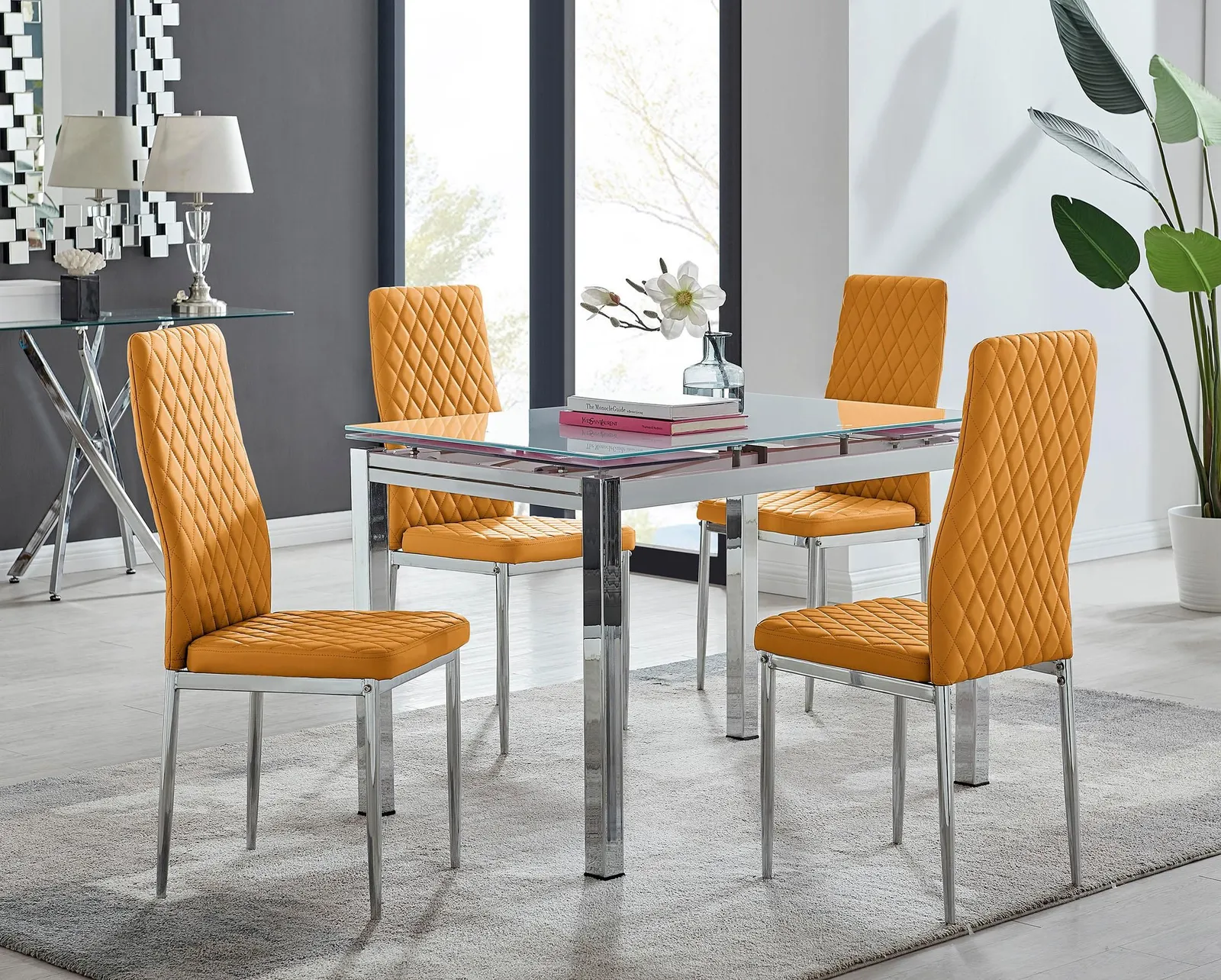 FurnitureboxUK Enna White Glass Extending 4-6 Seater Dining Table & 4 Milan Faux Leather Chairs in Mustard