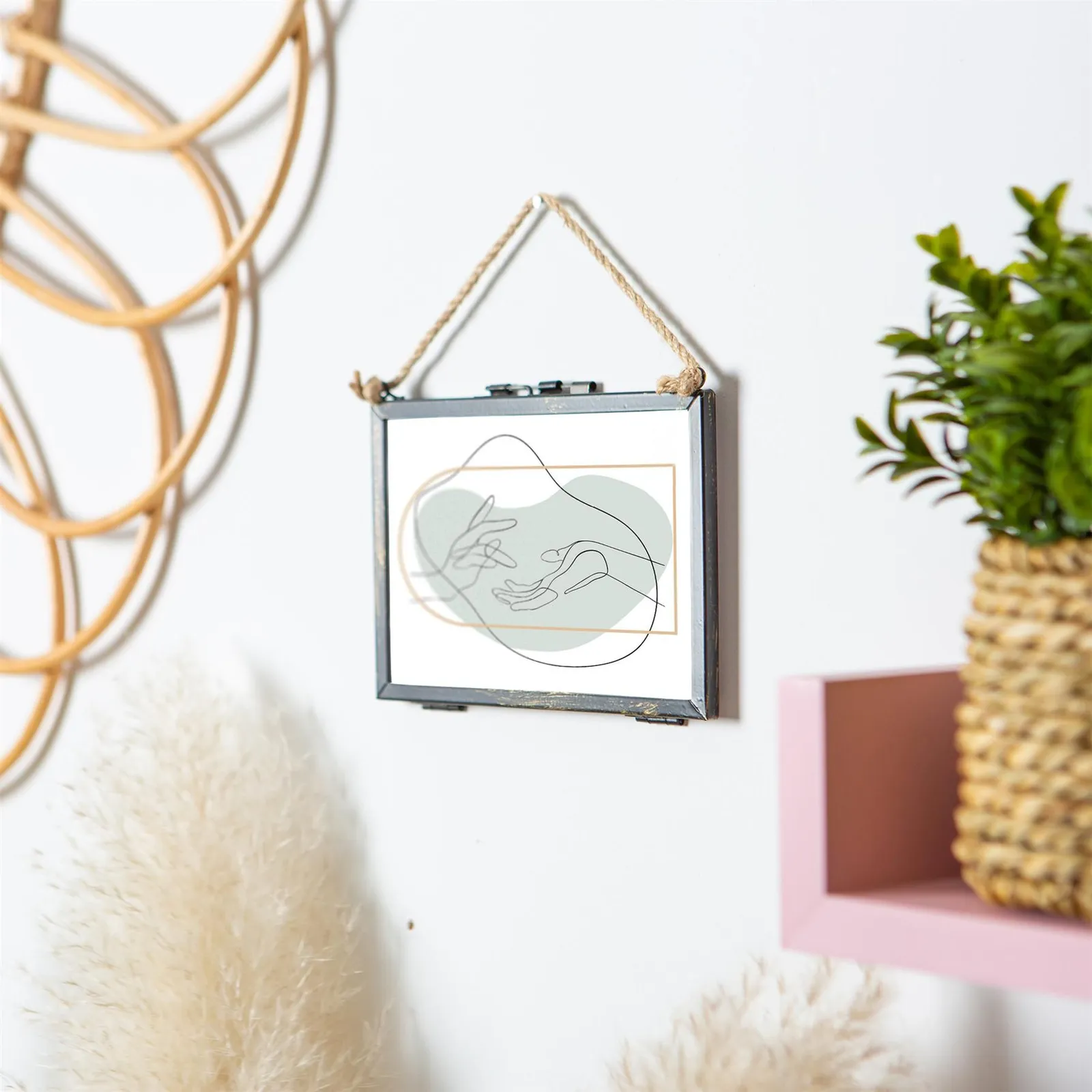 Nicola Spring Hanging Metal Photo Frame - 6" x 4" - Black - Picture Frame Wall Mounted Frame with Rope 6