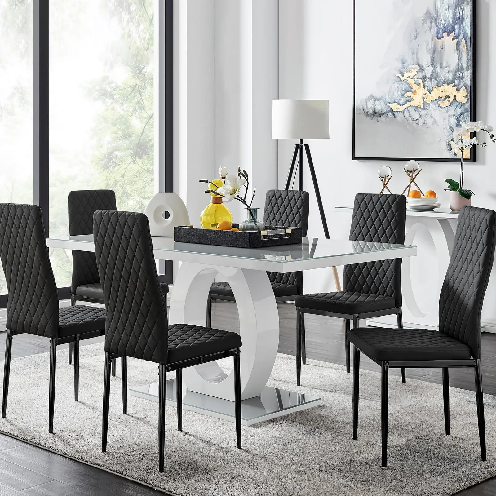 FurnitureboxUK Giovani 6-Seater Grey Glass Dining Table & 6 Milan Faux Leather Dining Chairs in Black 1