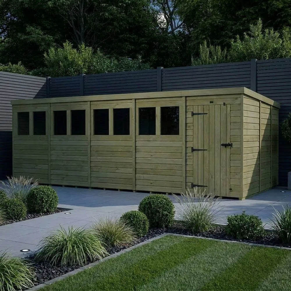 Buttercup Farm 20ft x 9ft Pent Garden Shed Single Door With Windows - Timber in Brown 3