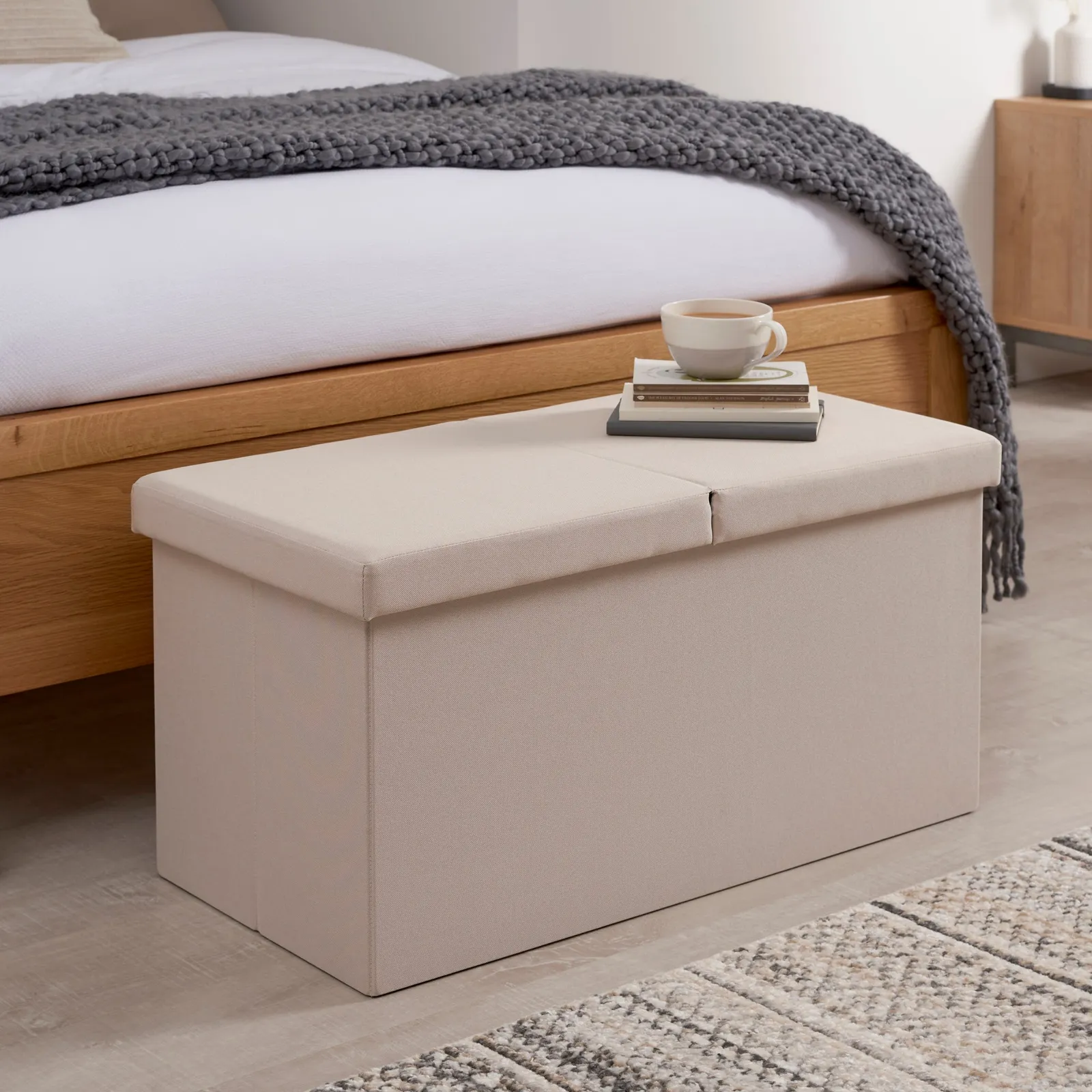 Split Lid Cream Ottoman Faux Linen Cream