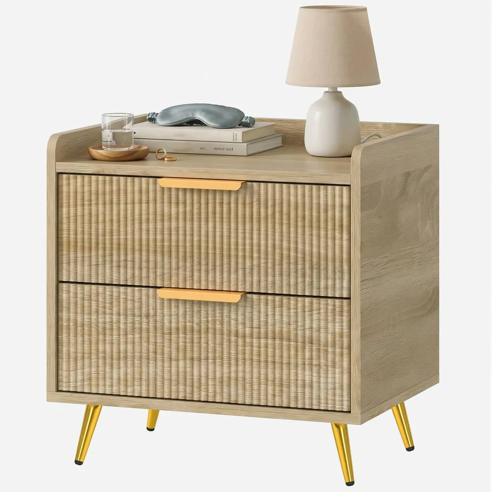 HOMCOM Bedside Table with 2 Drawers, Natural Wood Finish