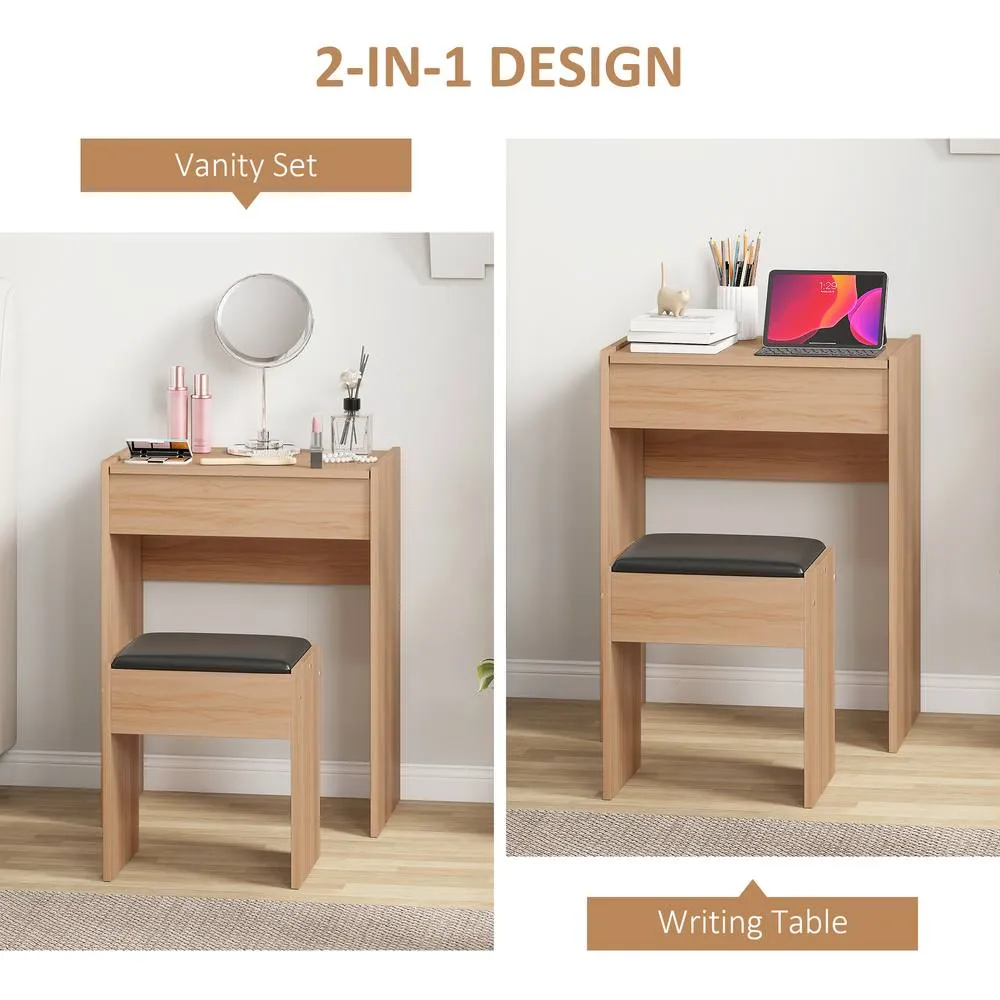 HOMCOM Dressing Table Set Padded Stool with Flip-up Mirror Multi-purpose in Natural 4