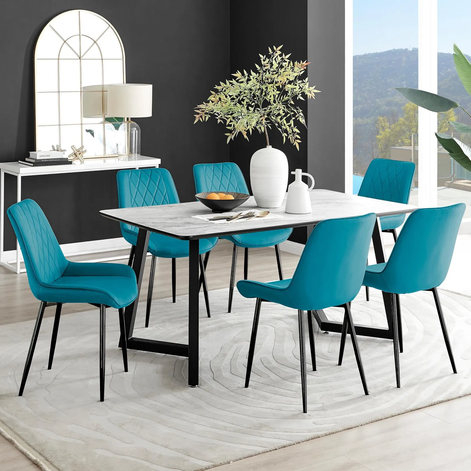 FurnitureboxUK Carson White Marble Effect Dining Table & 6 Pesaro Black Leg Chairs in Blue 1