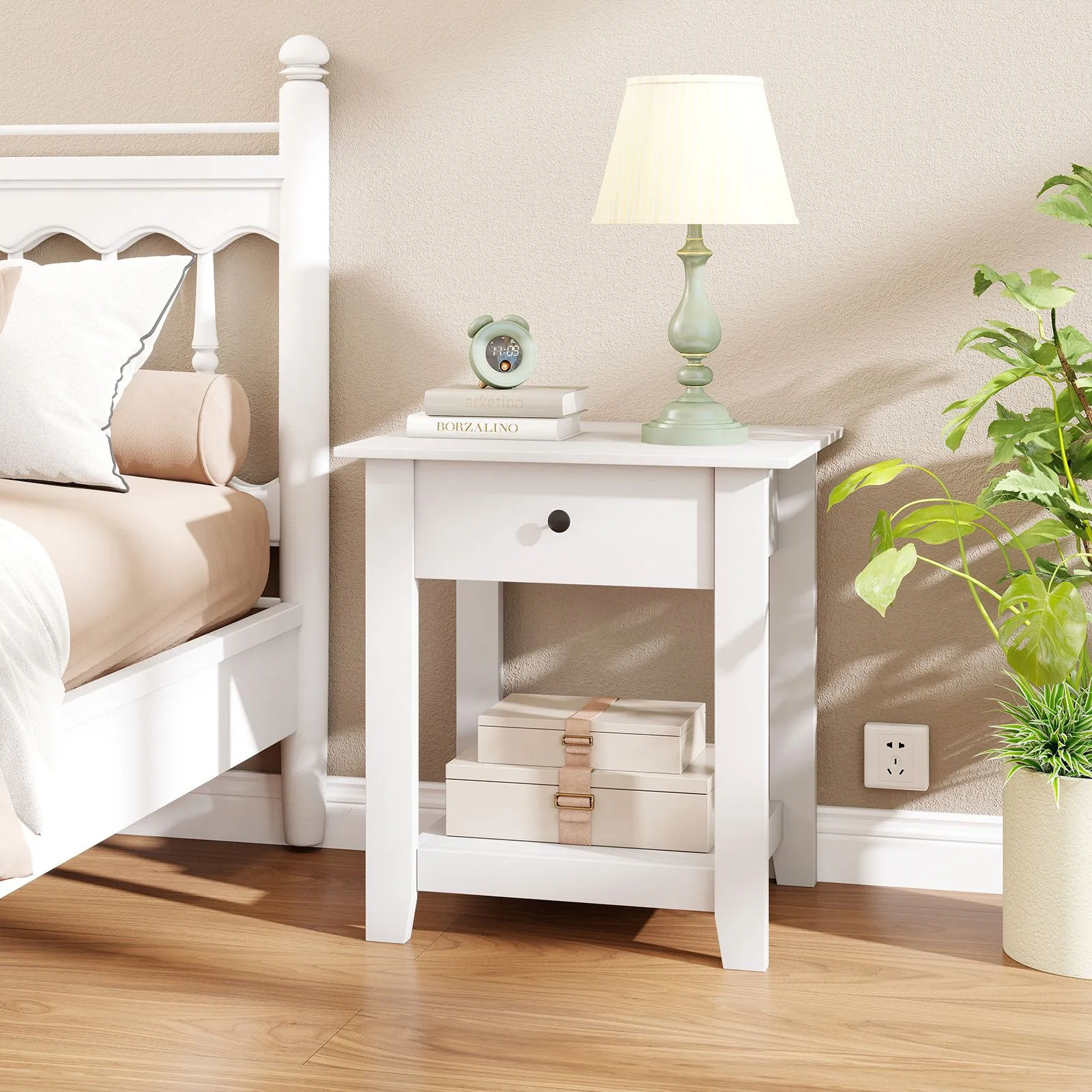 Costway 3-Tier Modern Bedside Table Wooden Nightstand with Drawer in White 5