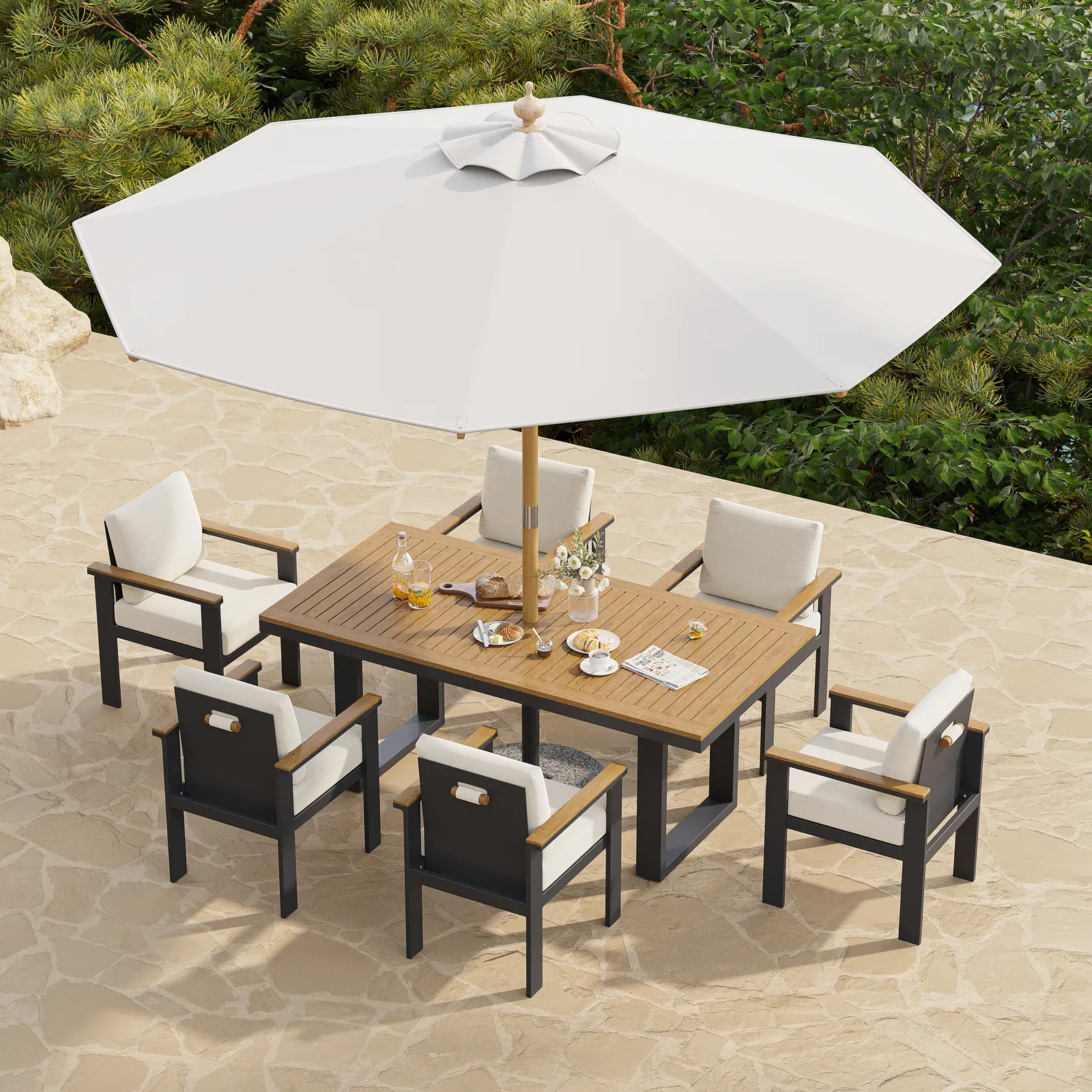 Tevara 8-Piece Rectangular Wood & Aluminium Outdoor Dining Set with Pillar Umbrella