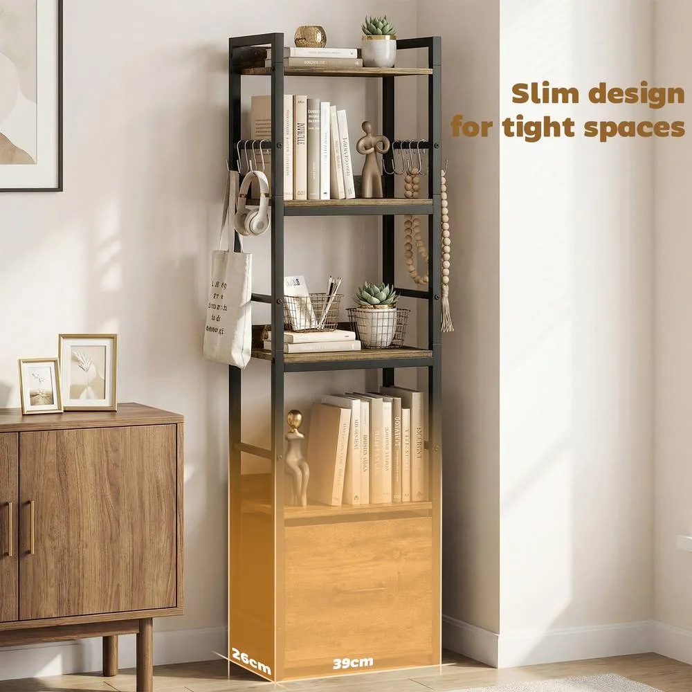 HOMCOM 4-Tier Bookshelf, Shelving Unit with Drawer, 8 Hooks in Brown 6