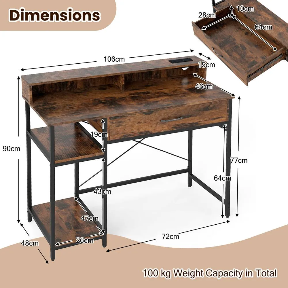 Costway Wooden Computer Desk Home Office PC Workstation Study Desk w/ Shelf in Brown 2
