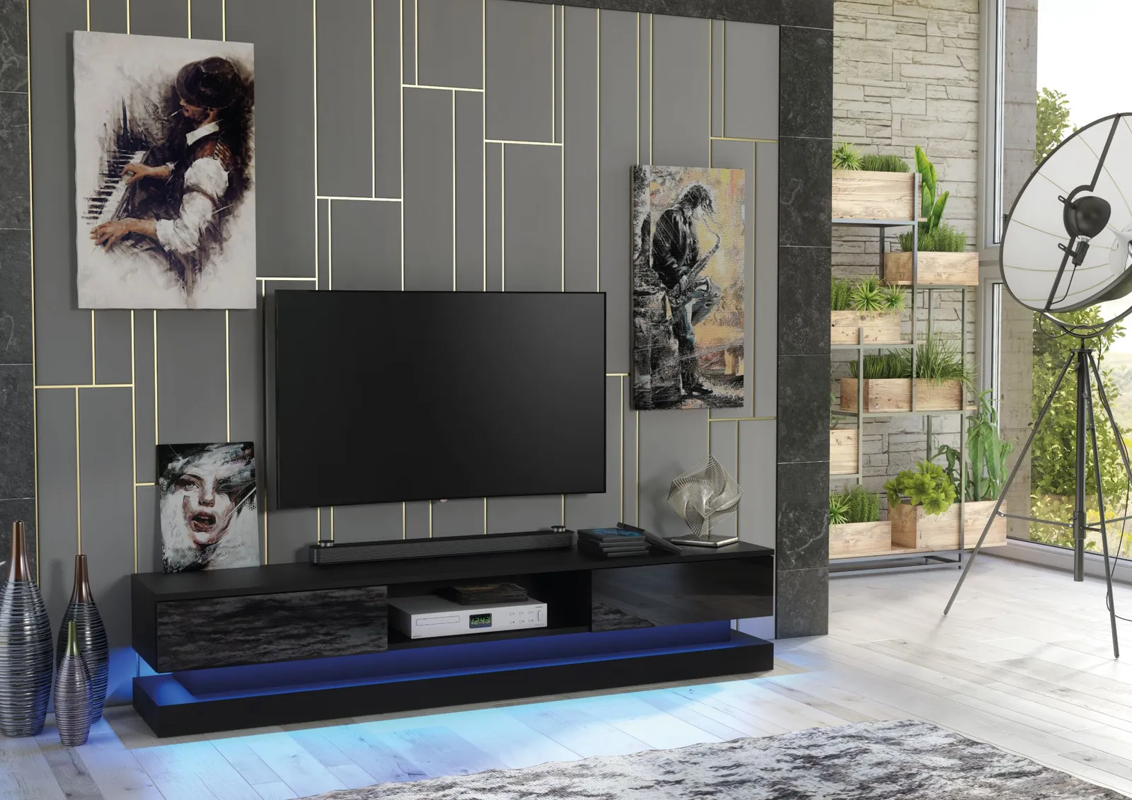 Creative Furniture Bloom TV Unit 180cm - A Functional & Contemporary Cabinet with Gloss Doors & LED Lights in Black 6