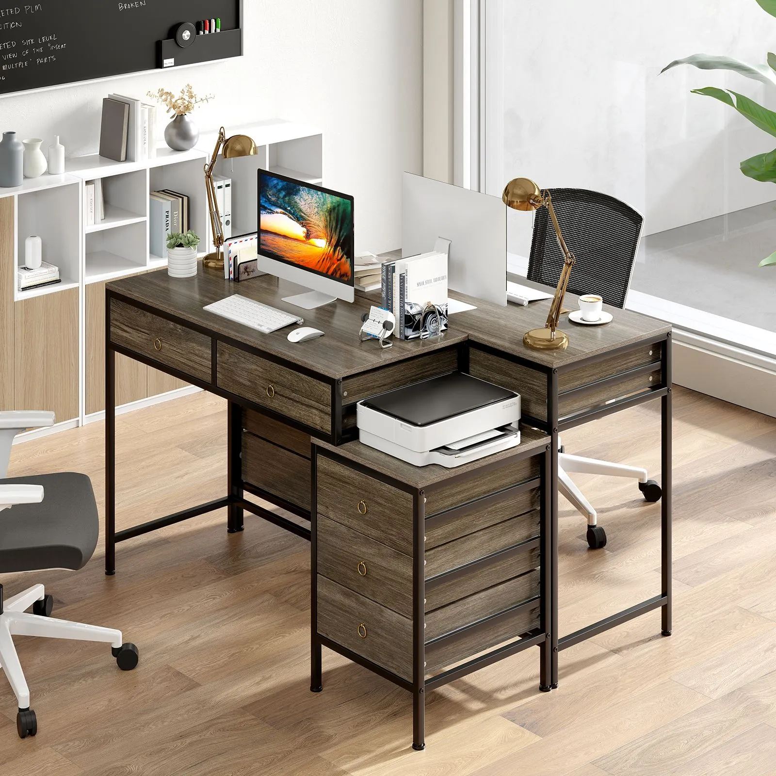Costway Computer Desk Home Office Desk w/ Side File Cabinet & 5 Drawers in Grey 6