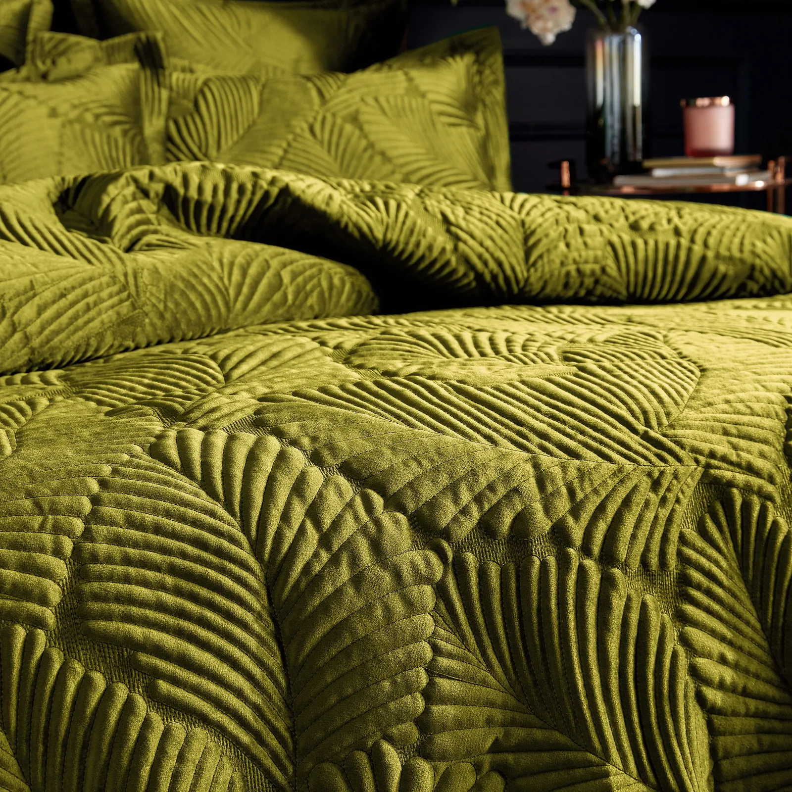 Paoletti Palmeria Quilted Velvet Duvet Cover Set in Green 3