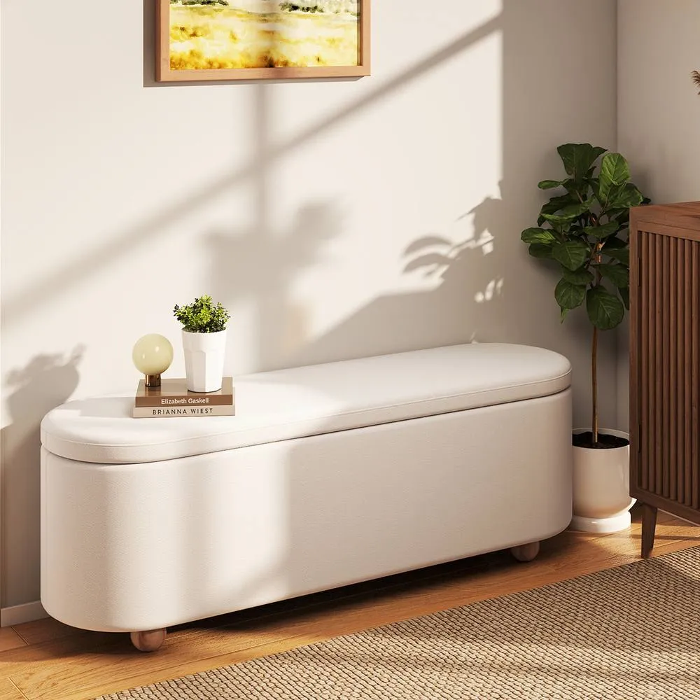 Costway Oval Storage Bench 139 CM Long Ottoman Bench with Flip Top in White