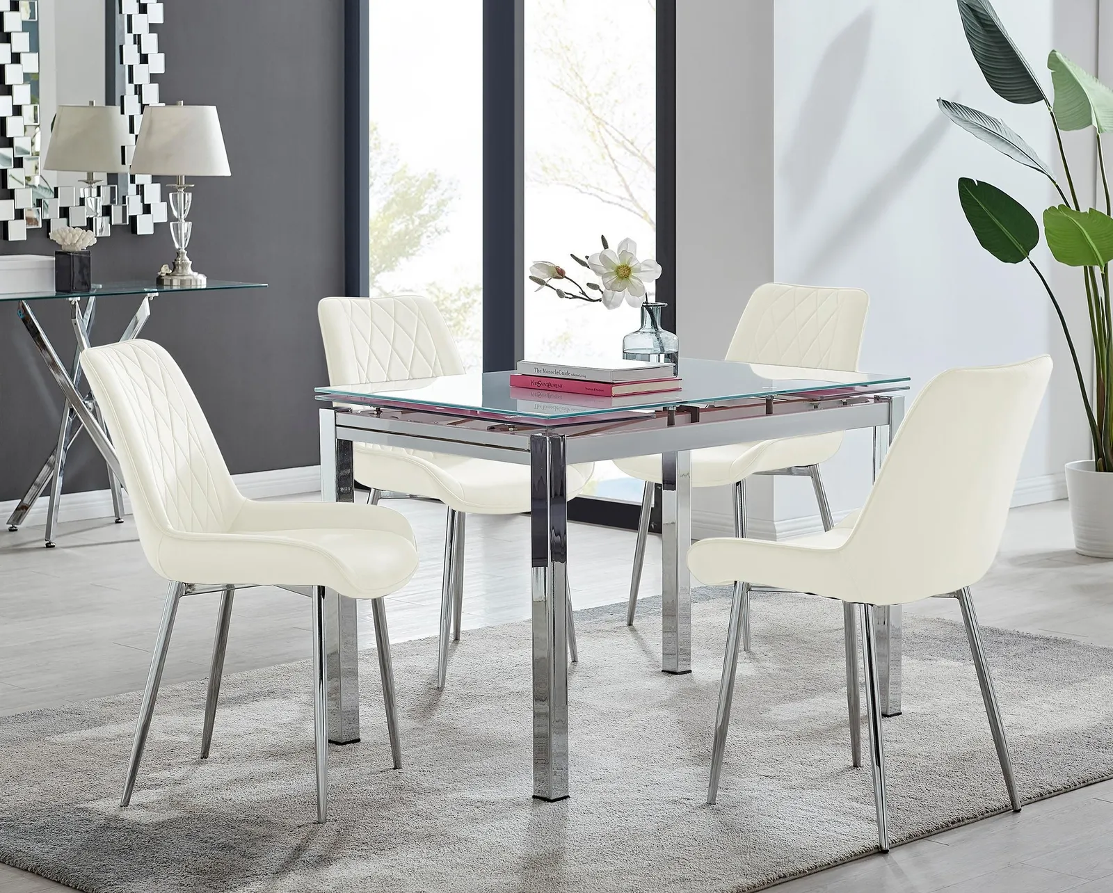 FurnitureboxUK Enna White Glass Extending 4-6 Seater Dining Table & 4 Pesaro Soft Velvet Chairs in Cream 1