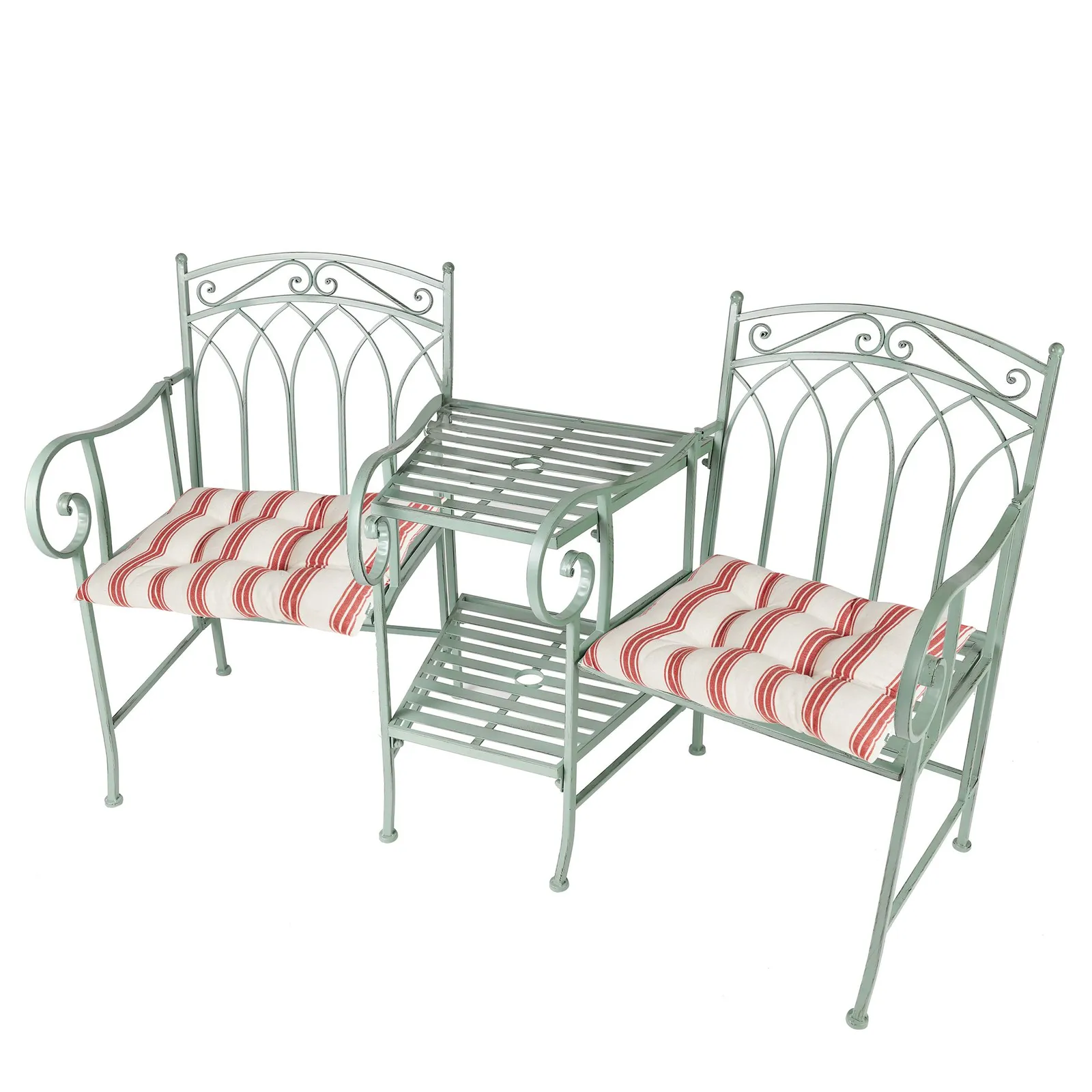 Dibor Vintage Green Arched Outdoor Garden Furniture Companion Seat Bench with Free Set of 2 Red Seat Pad Cushions