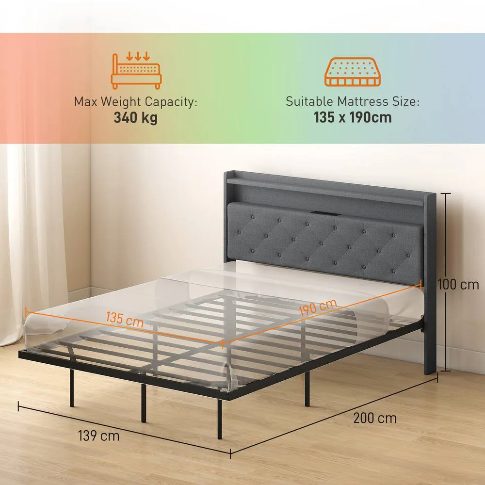 HOMCOM Floating Bed Frame with RGB Lights, Upholstered Double Size Bed, Grey 3