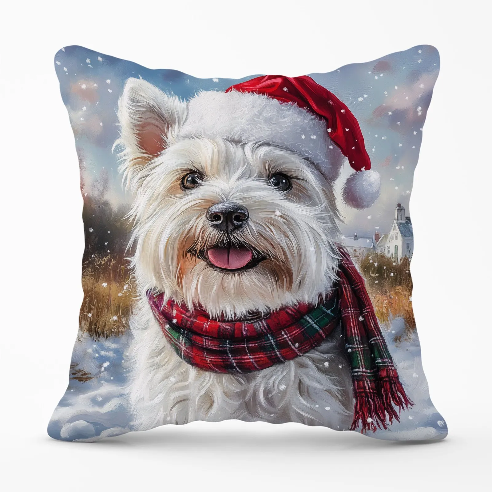 Warren Reed - Designer Christmas West Highland Terrier Cushion in White