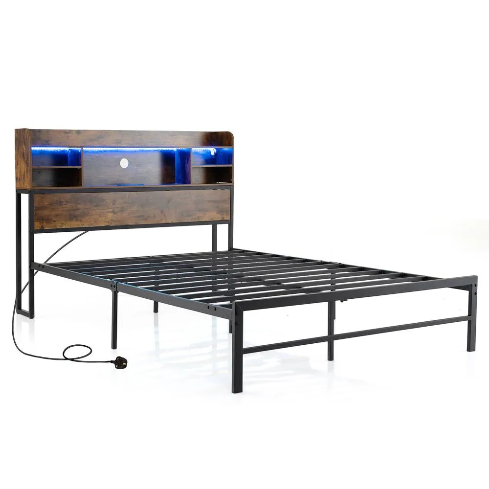 Costway Double Size Bed Frame w/LED Lights&Charging Station Metal Platform Bed in Brown