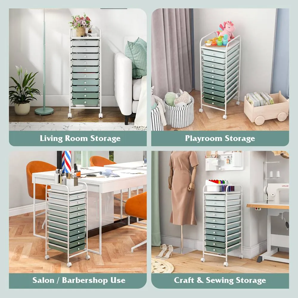 Costway 10 Drawer Rolling Storage Cart Mobile Tools Scrapbook Paper Organizer 2