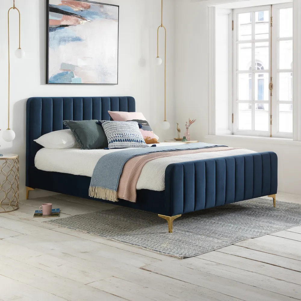 Hanam – King Size– Low Foot-End Bed – Midnight Blue – Velvet – 5ft - Happy Beds