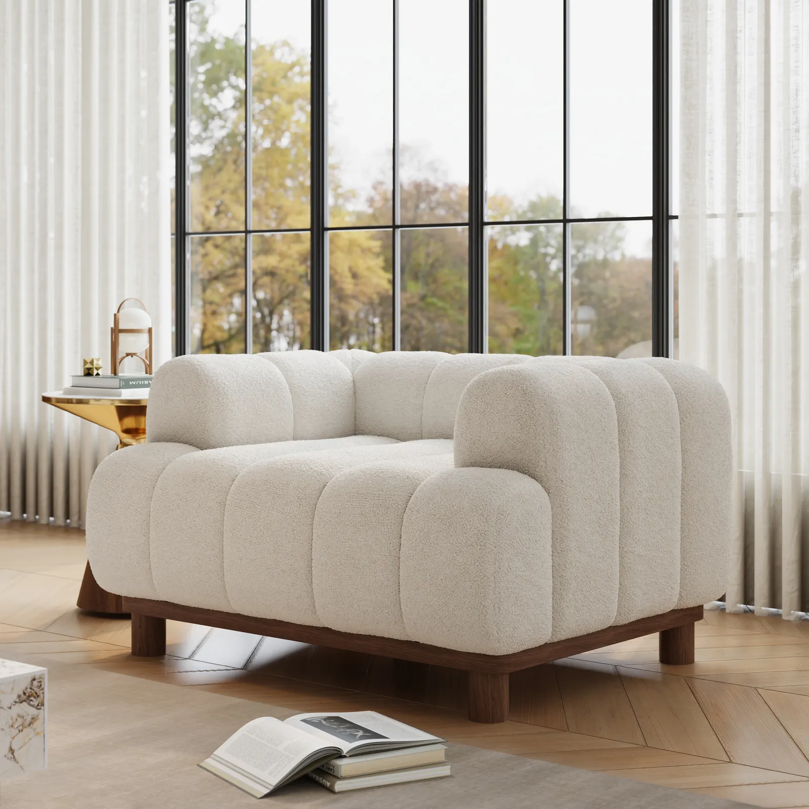125 cm Boucle Lounge Accent Chair with Armrest and Wood Legs