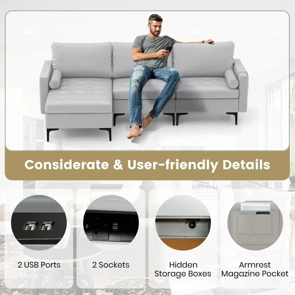 Costway Modular Sectional Sofa Loveseat 2-3-Seater Sofa Seat L-Shaped Padded Cushions in Grey 2