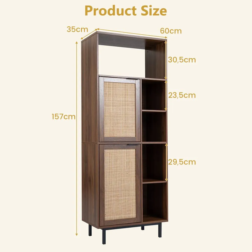 Costway Wooden Floor Cabinet w/Adjustable Shelves 5 Cubes Rattan Bookcase in Brown 2