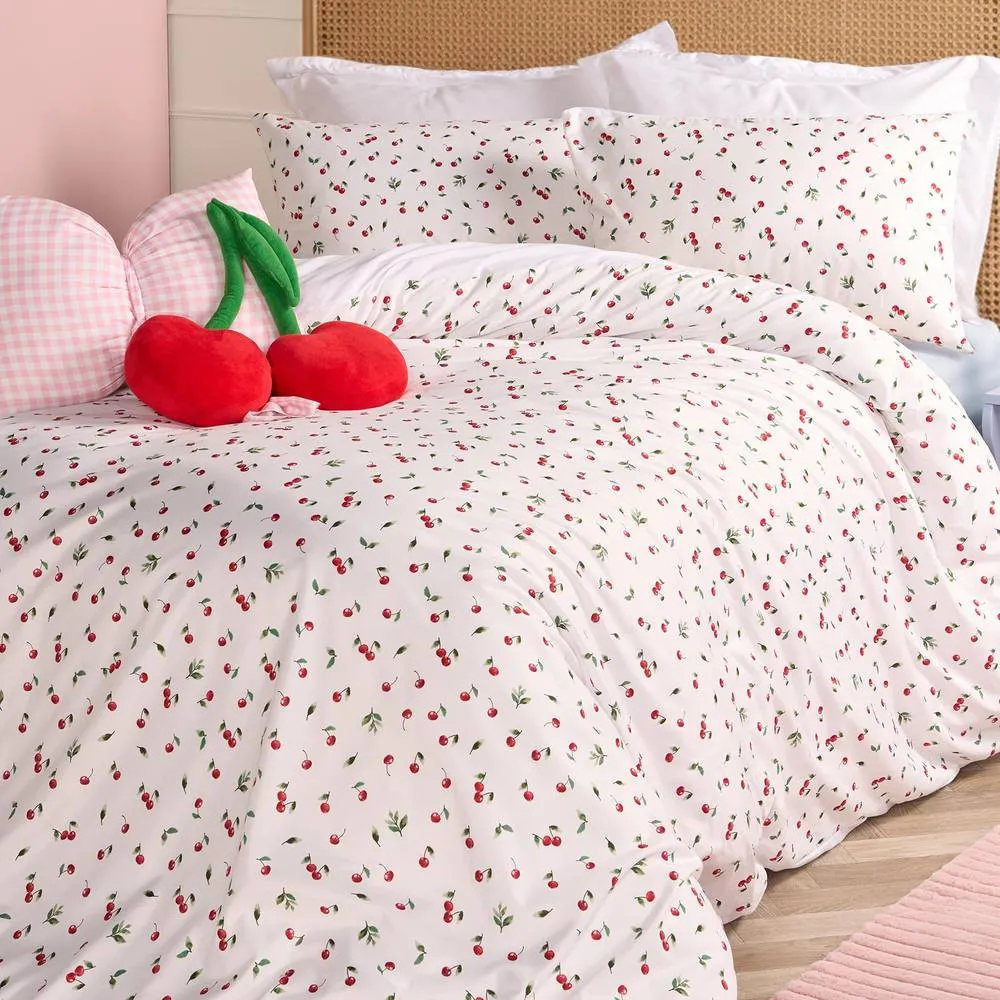 OHS Ditsy Cherry Bedding Microfibre Duvet Cover Set with Pillowcase in White