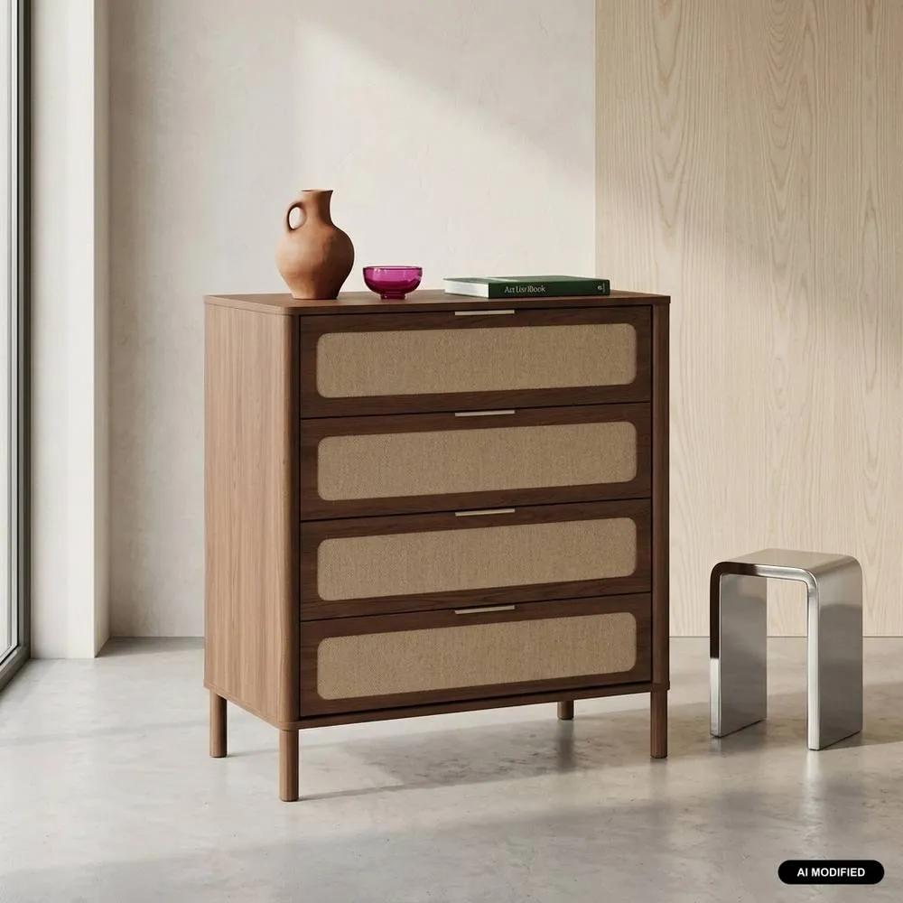 sweeek Vintage chest of drawers with wood decor & cane, 4 drawers in Dark Brown