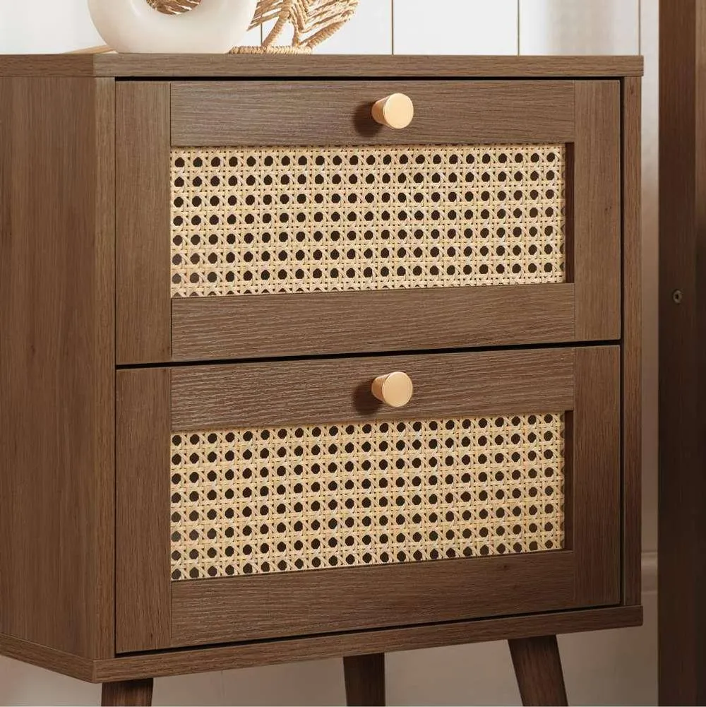 Birlea Pair of Bedside 2 Drawer Cabinet Rattan Croxley Side Table Walnut in Brown 3