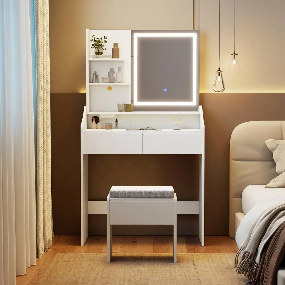 Costway Wooden Vanity Desk Set w/ Mirror & Lights Makeup Table w/Storage Stool in White 4