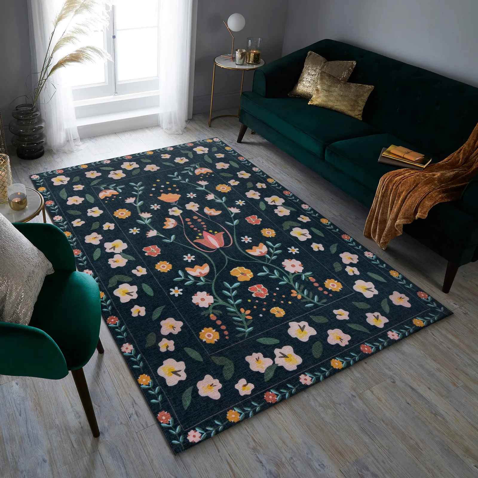 Match Nordic Floral Washable Rug Navy