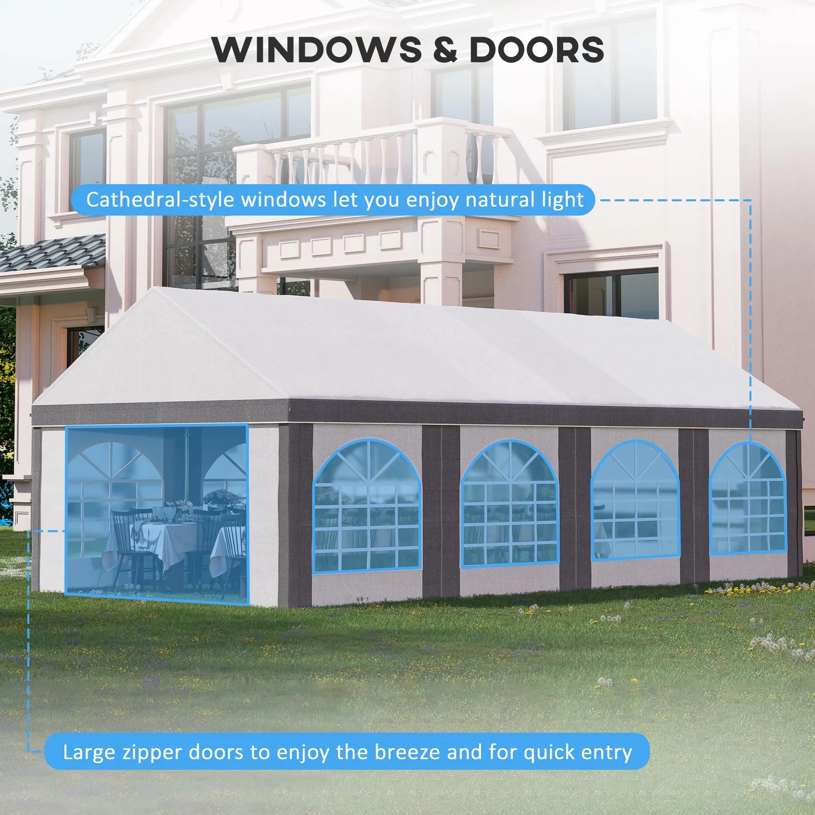 OUTSUNNY Party Tent, Marquee Gazebo with Sides, Windows & Double Doors in Grey 5