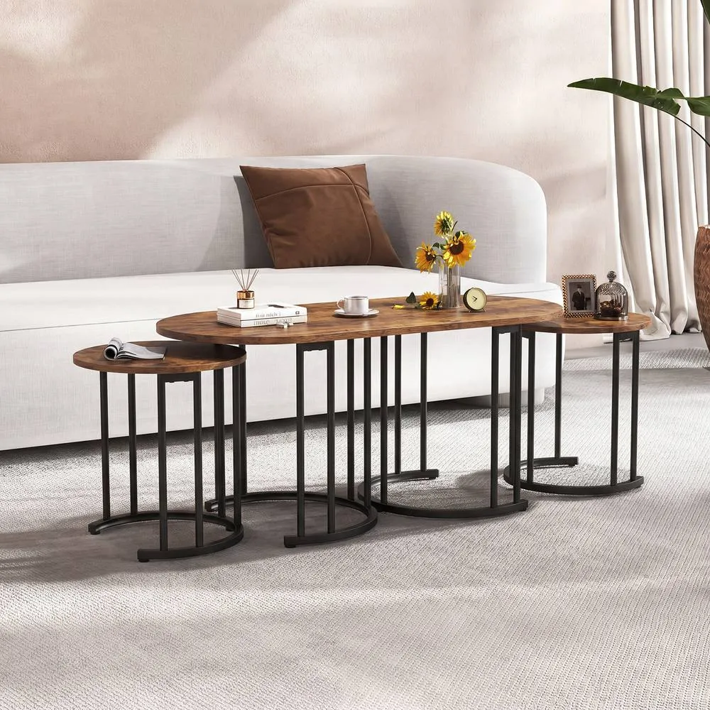 Costway 3PCS Nesting Coffee Table Set 110cm Coffee Table w/ 2 Side Tables in Brown 4