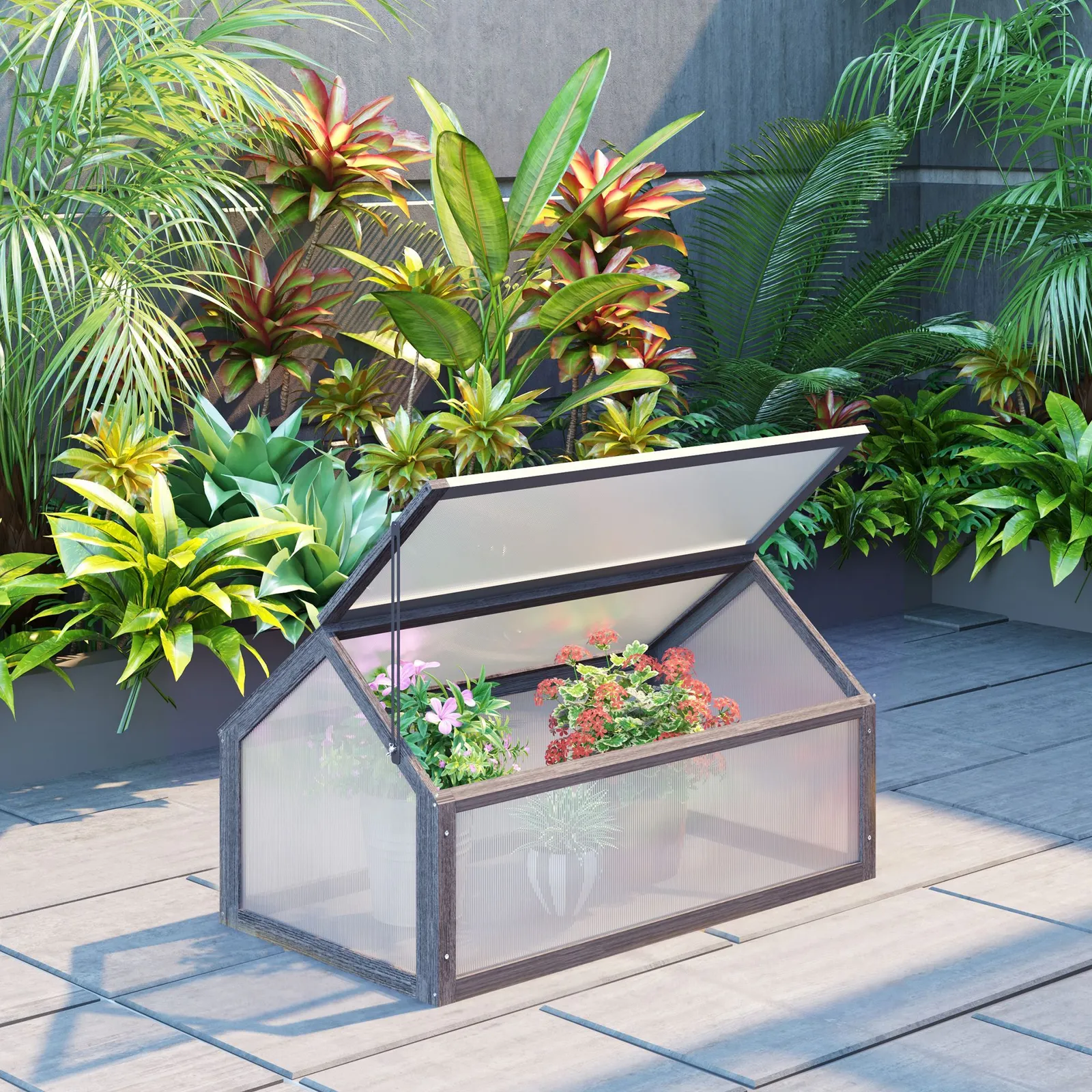 OUTSUNNY Wooden Cold Frame Greenhouse Garden Polycarbonate Grow House in Grey