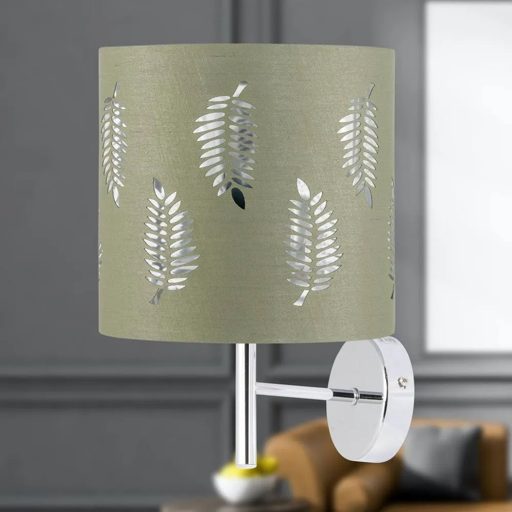 First Choice Lighting Set of 2 Brea - Chrome Wall Lights with Sage Green Fern Shades in Silver 5