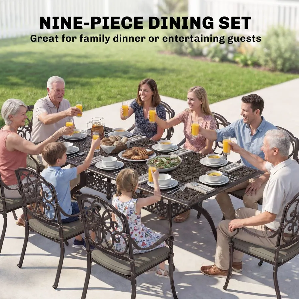 OUTSUNNY 9 Piece Cast Aluminium Garden Dining Set with Cushions, Bronze Tone 4