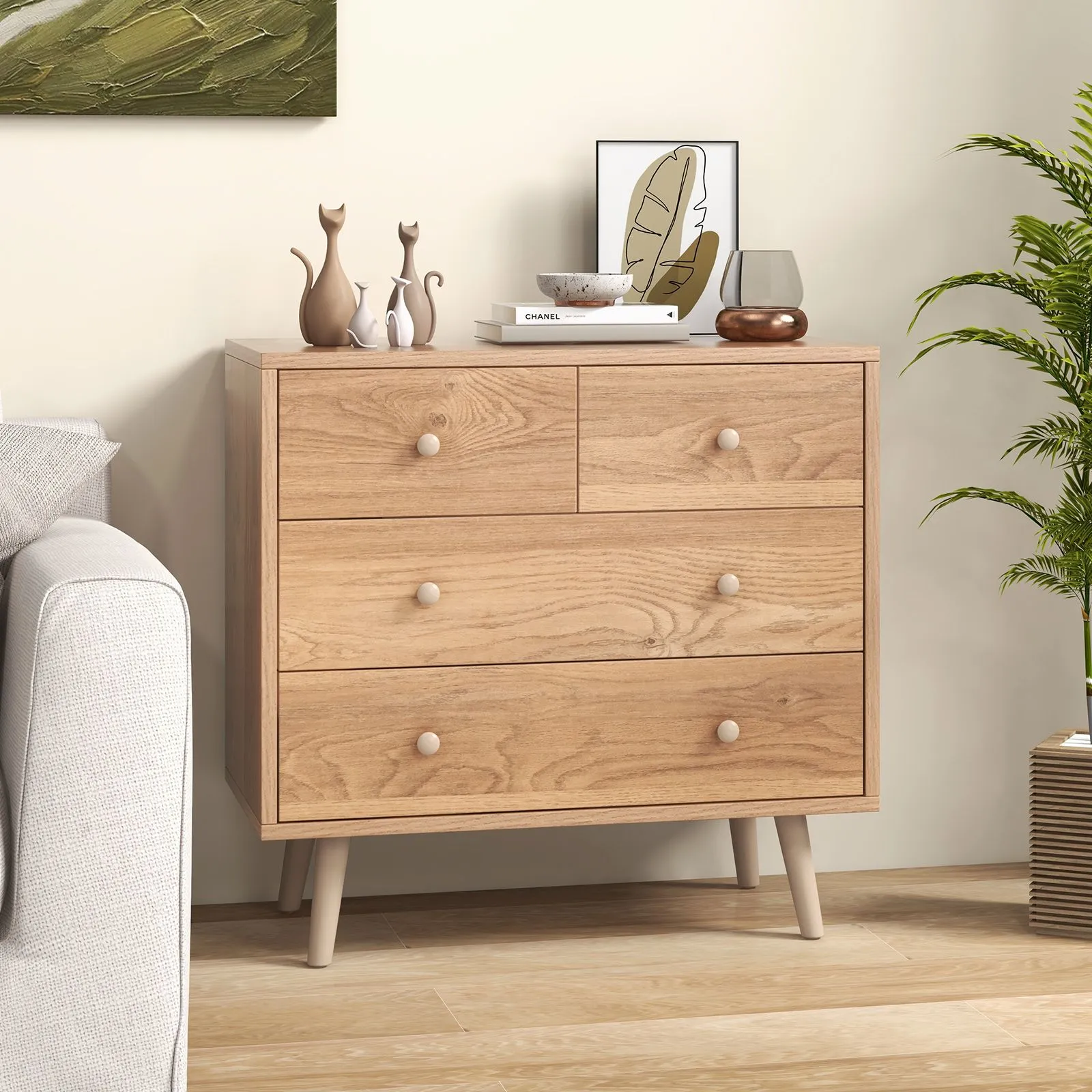 Costway 4-Drawer Chest Storage Cabinet Dresser Freestanding Organizer w/ Anti-tipping Device in Natural 3