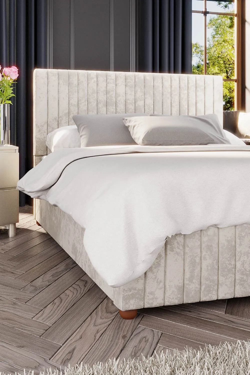 Laurence Llewelyn-Bowen Estella Ottoman Storage Bed in Mirazzi Velvet Fabric, Custom Made in Ivory