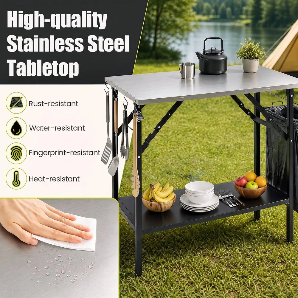 Costway Portable Grill Prep Table w/ Trash Bag Holder, Paper Towel Rack in Black 6