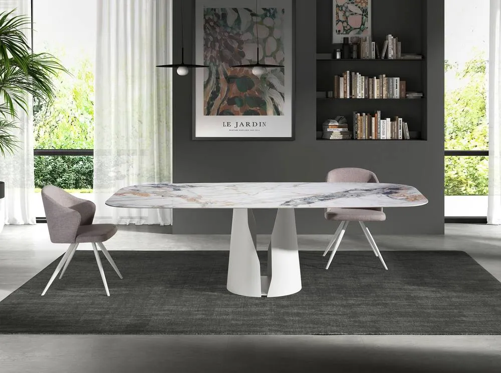Angel Cerda Oval Porcelain Marble Dining Table, White Steel Legs 3