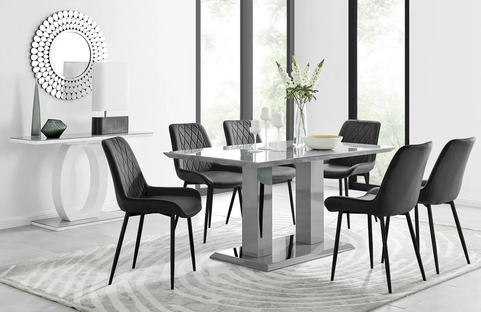 FurnitureboxUK Imperia 6 Grey Dining Table & 6 Pesaro Black Leg Chairs