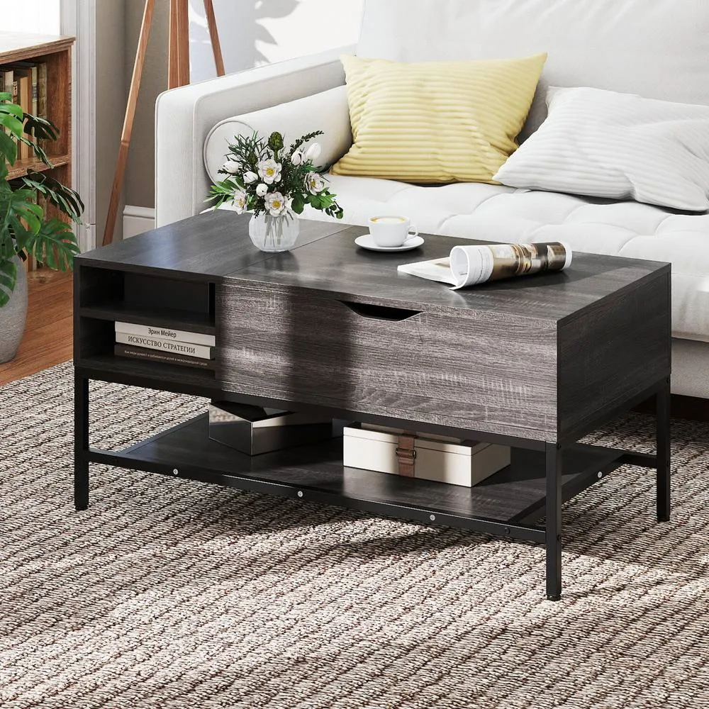 Costway Lift Top Coffee Table Living Room Table w/ Storage Shelf in Grey 3