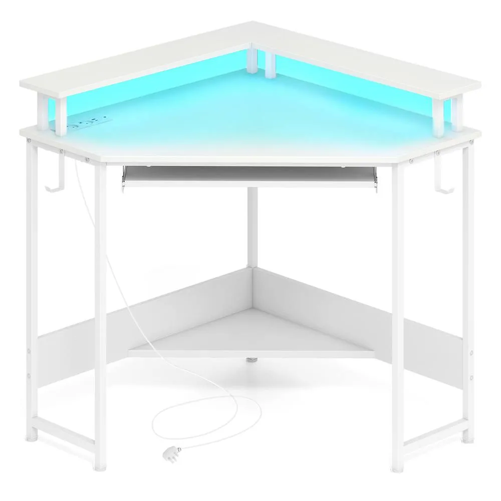 Costway Corner Desk Charging Station Home Triangle Gaming Desk LED in White