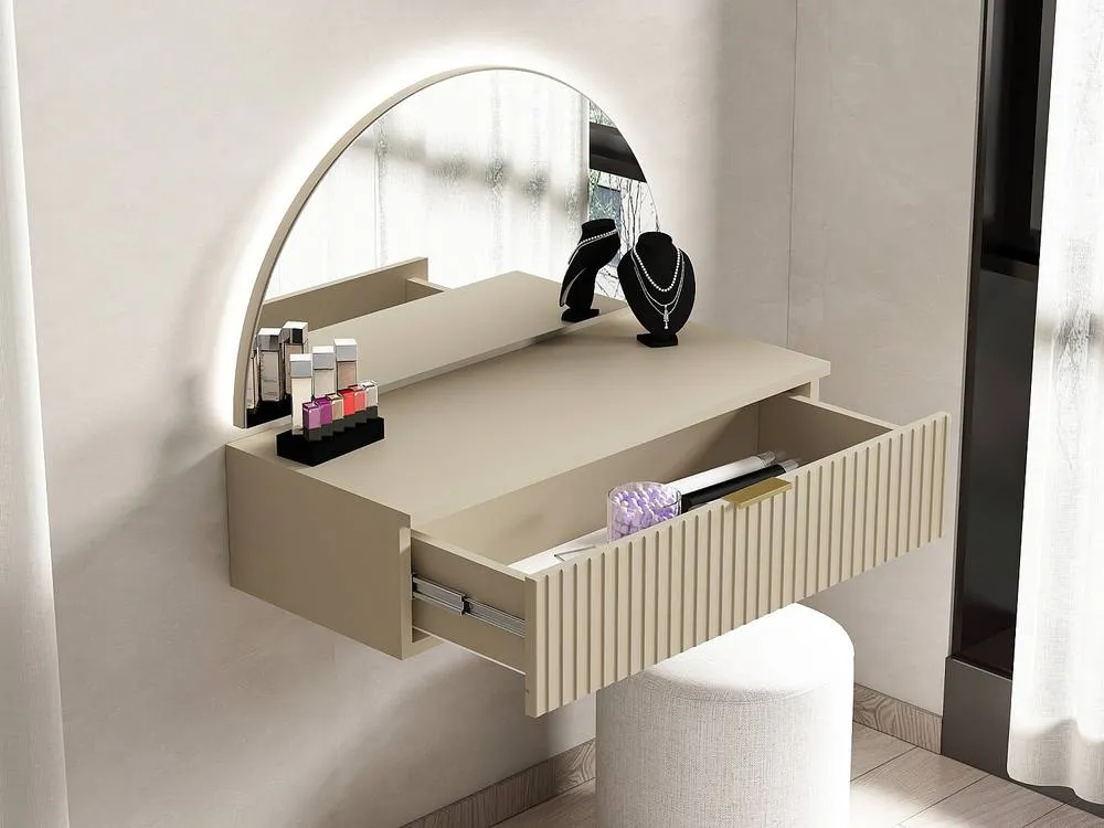Vente-unique Wall-Mounted Dressing Table With Mirror & LED Lighting - 1 Drawer in Beige 4