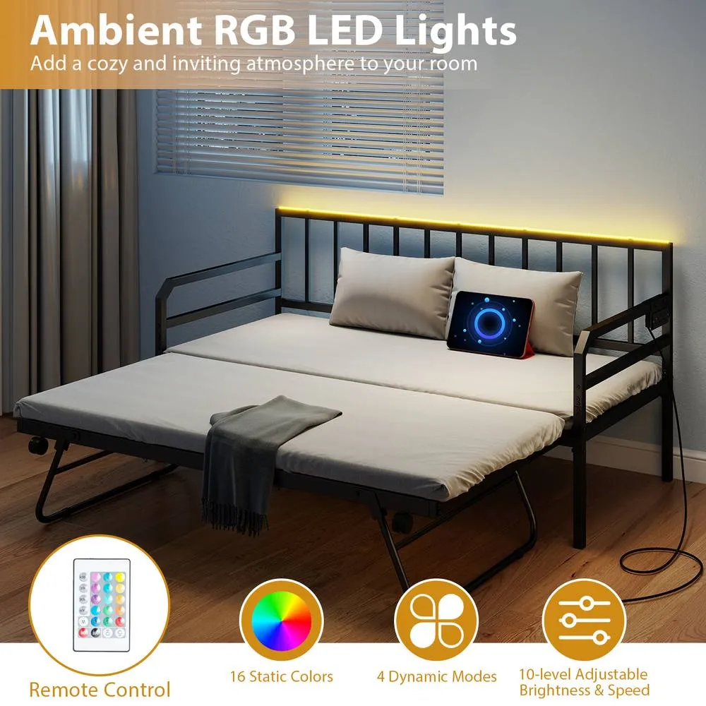 Costway Single Size Daybed with Charging Station & LED Lights in Black 5