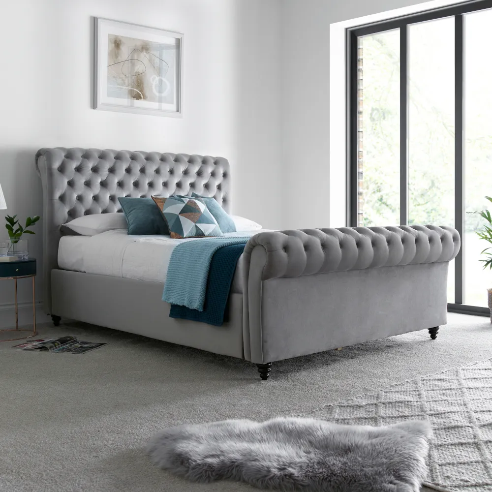 Osborne - Double - Ottoman Storage Bed - Grey - Velvet - 4ft6 - Happy Beds