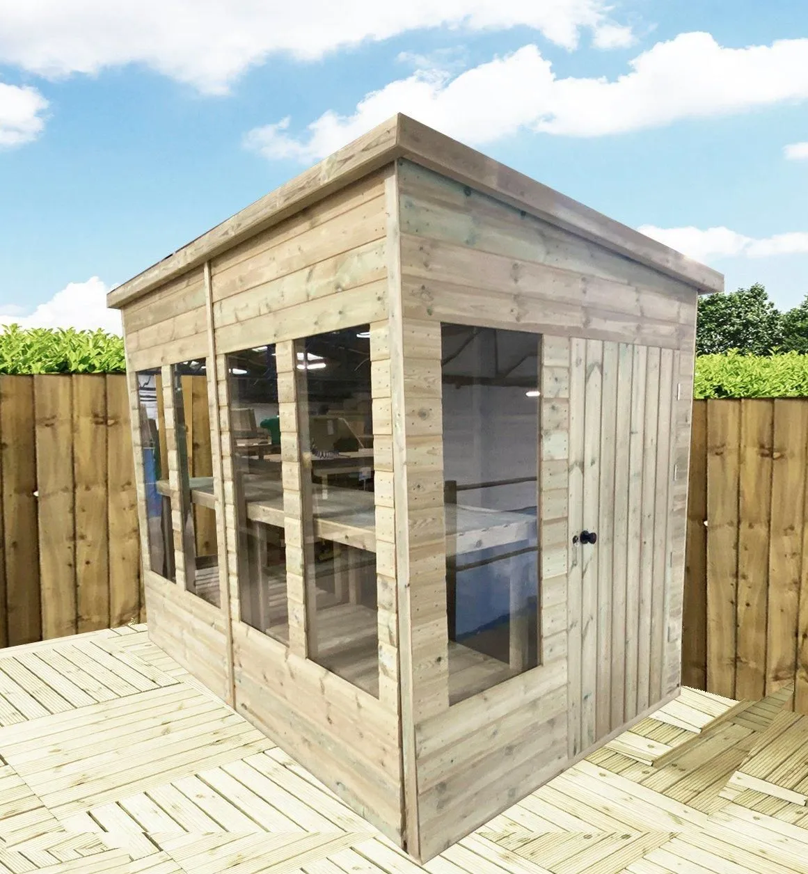 Marlborough 16 x 7 Pressure Treated Wooden Pent Potting Greenhouse & Bench in Natural 2