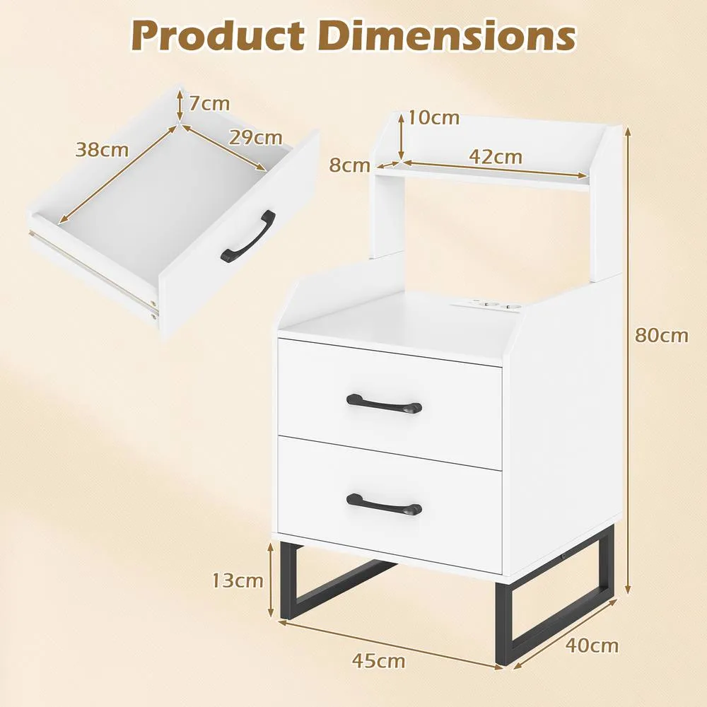 Costway Modern Bedside Table Nightstand with Built-in Charging Station in White 3