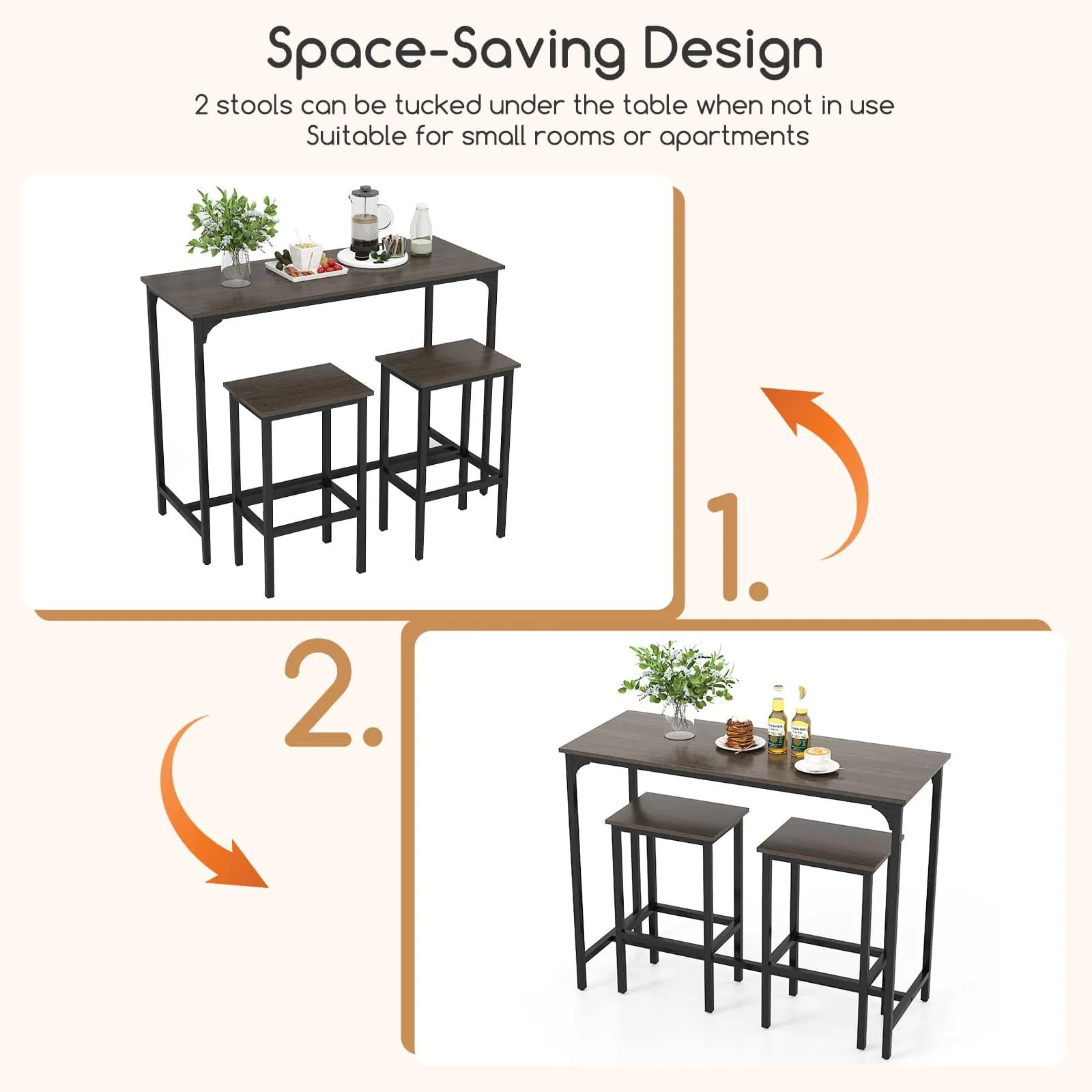 Costway 3Pcs Dining Table Set Counter-Height Kitchen Table & 2 Stools in Grey 2