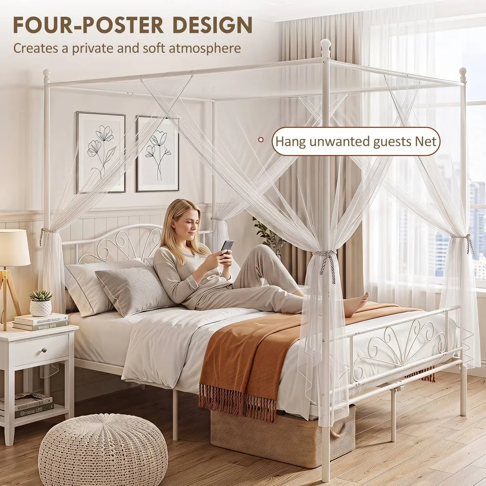 HOMCOM Canopy Bed Frame King Size, Metal Platform Bed Frame, White 4